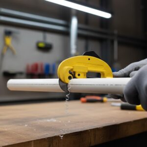 “UYUTOOLS pipe cutter cutting a plastic pipe in workshop