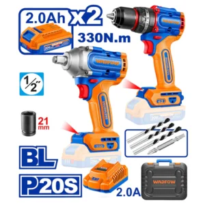 WADFOW WCD1B33 20V Brushless Cordless Impact Wrench 330Nm with 2 Batteries Charger Carry Case