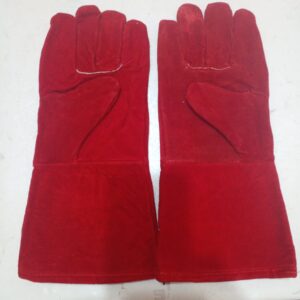 Heavy duty red leather welding gloves with long cuff for heat and spark protection
